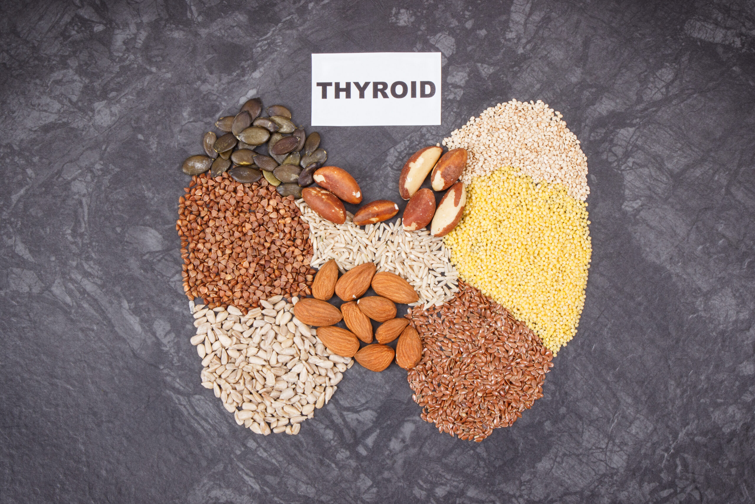 Thyroid shape made of healthy ingredients. Source natural vitamins and minerals